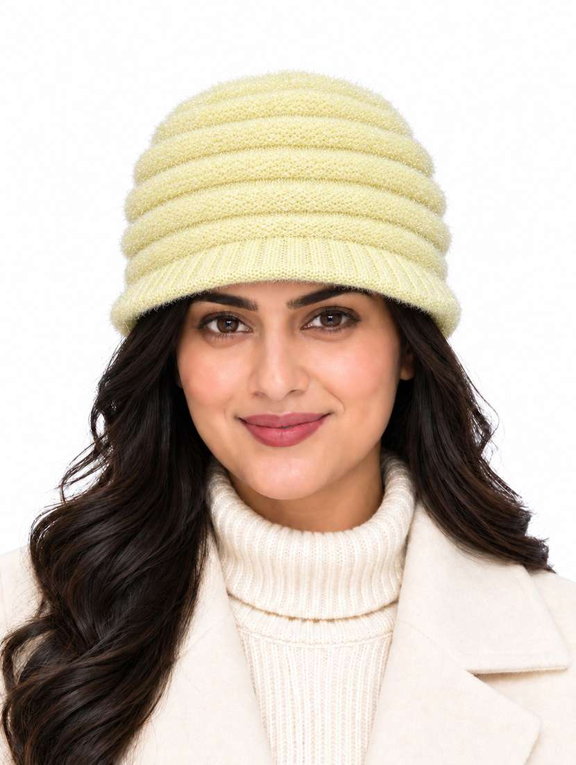 women self design winter cap with knit brim