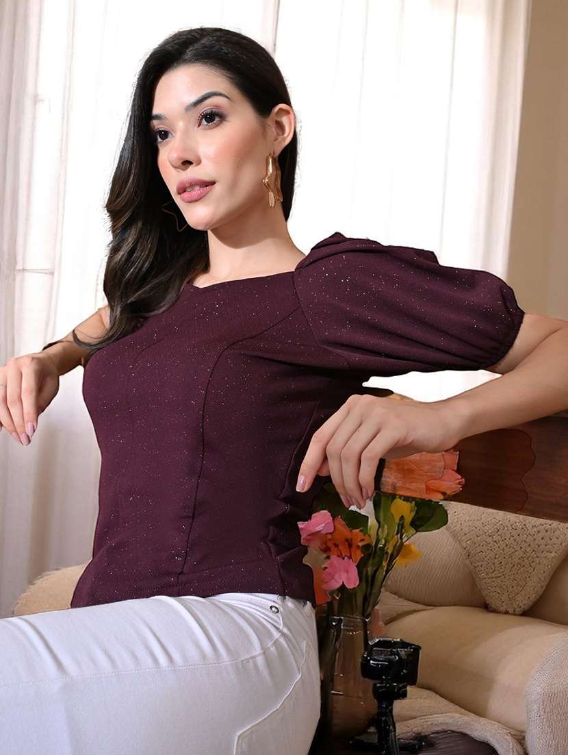 women self design puff sleeves regular top