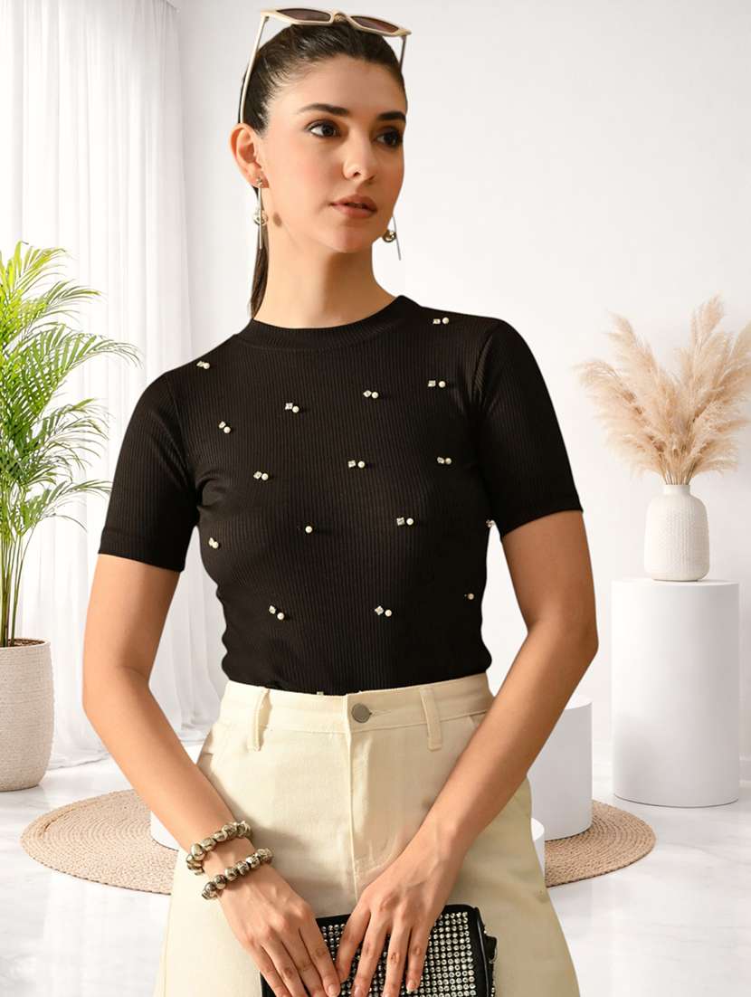 women embellished short sleeves regular top