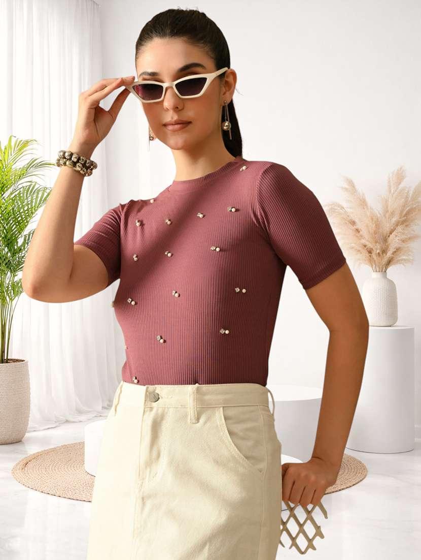 women embellished short sleeves regular top
