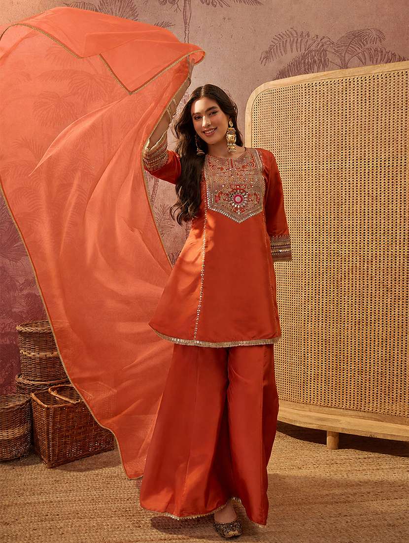 women embroidered three quarter sleeves kurta sharara set with dupatta