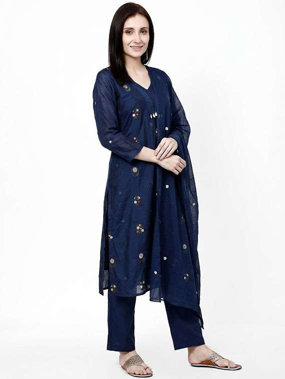 Women Embroidered Three Quarter Sleeves Kurta Pant Set With Dupatta - 22703023 -  Standard Image - 3