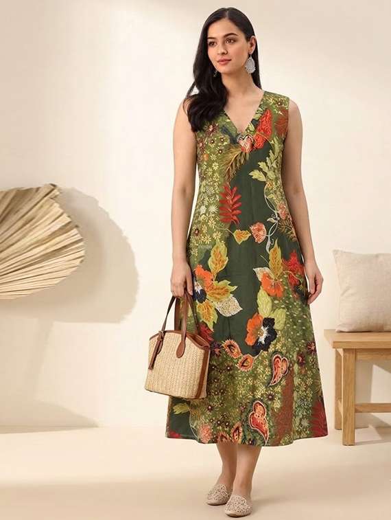 women printed sleeveless a-line dress