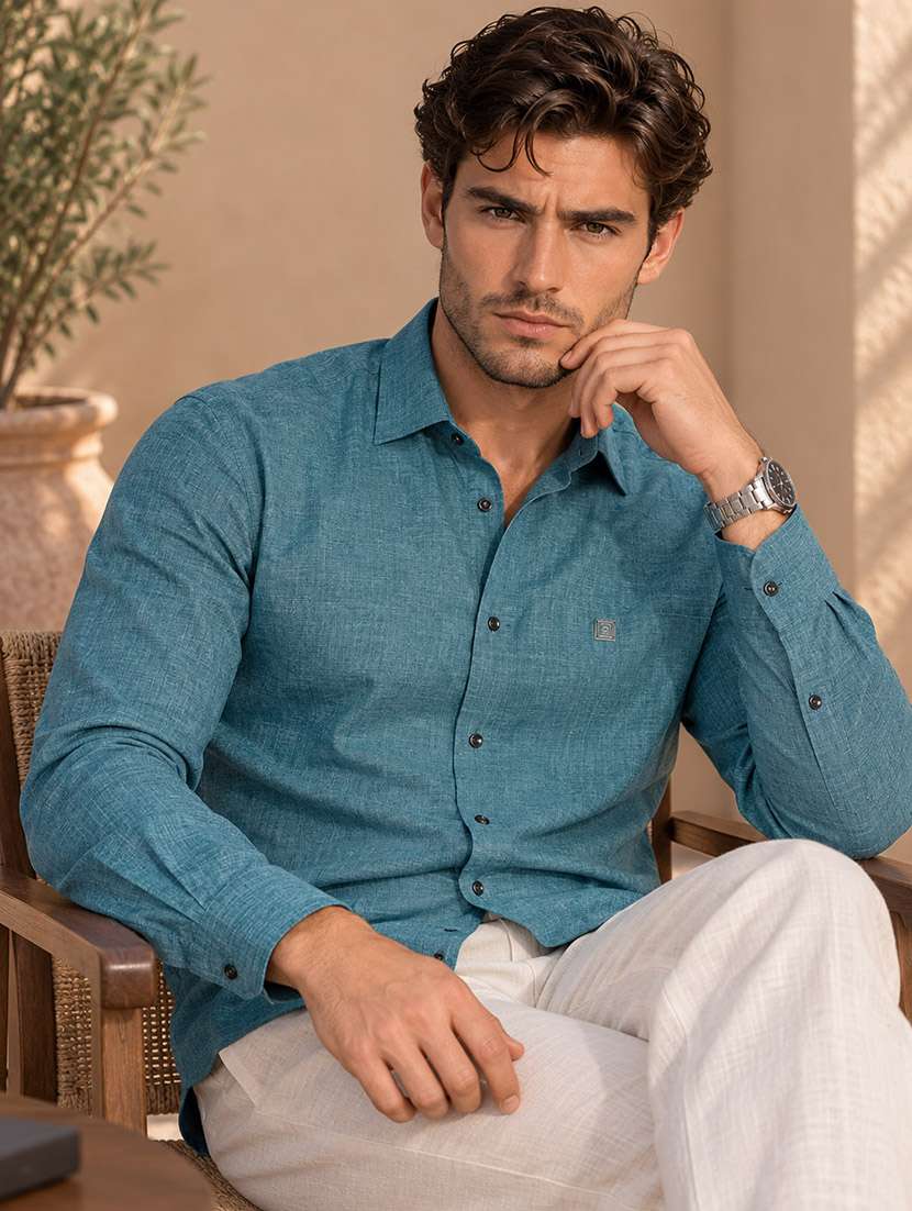 men textured long sleeve regular fit casual shirt
