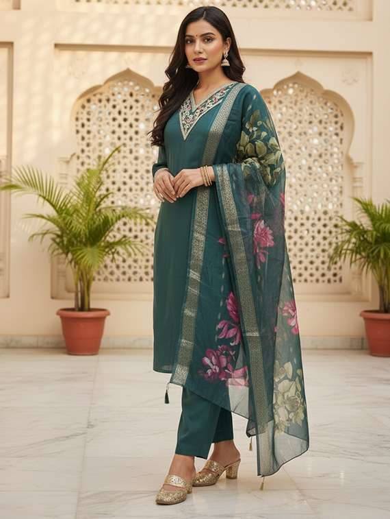 women embroidered three quarter sleeves kurta pant set with dupatta
