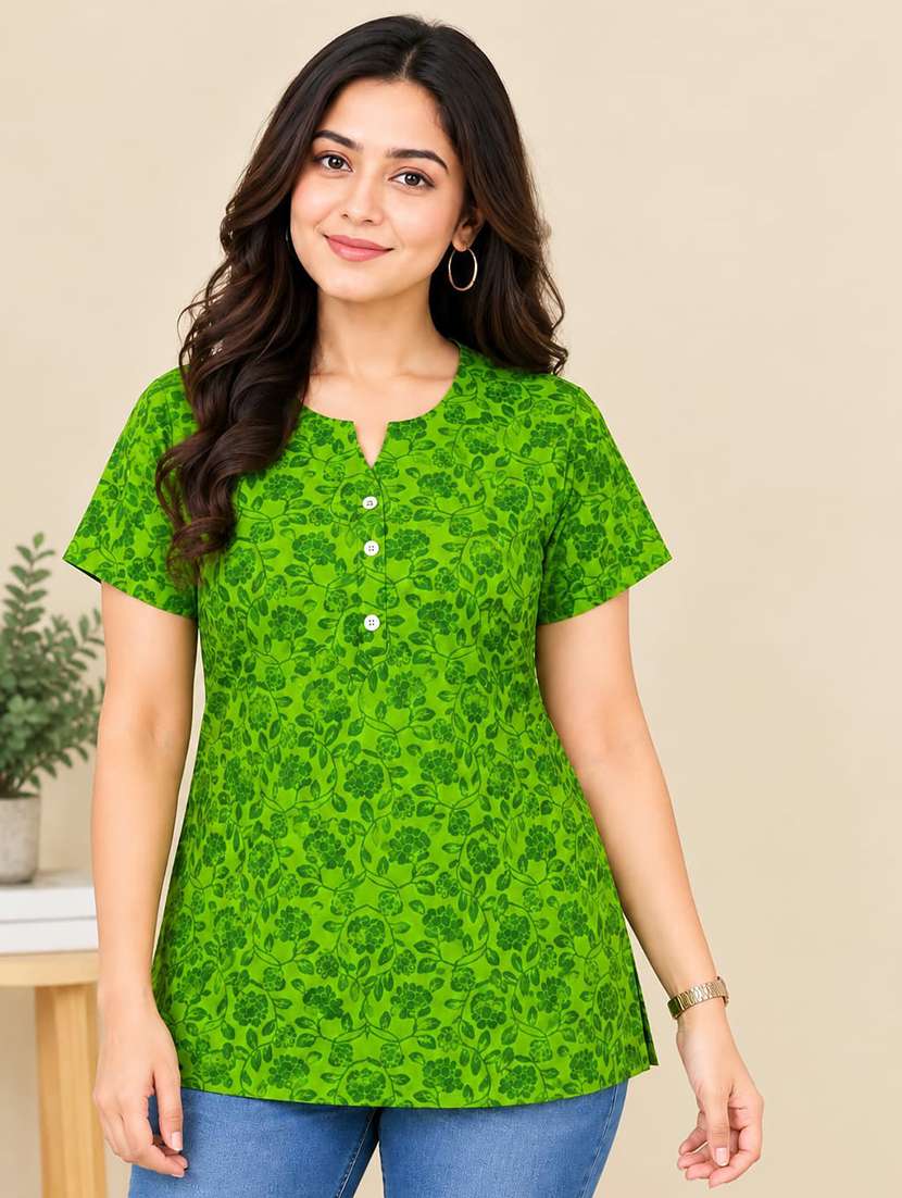 women printed short sleeves straight kurti