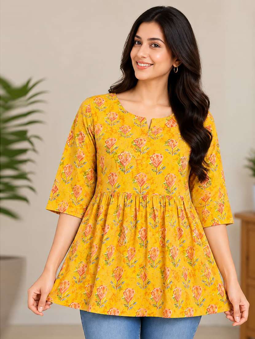 women printed three quarter sleeves flared kurti