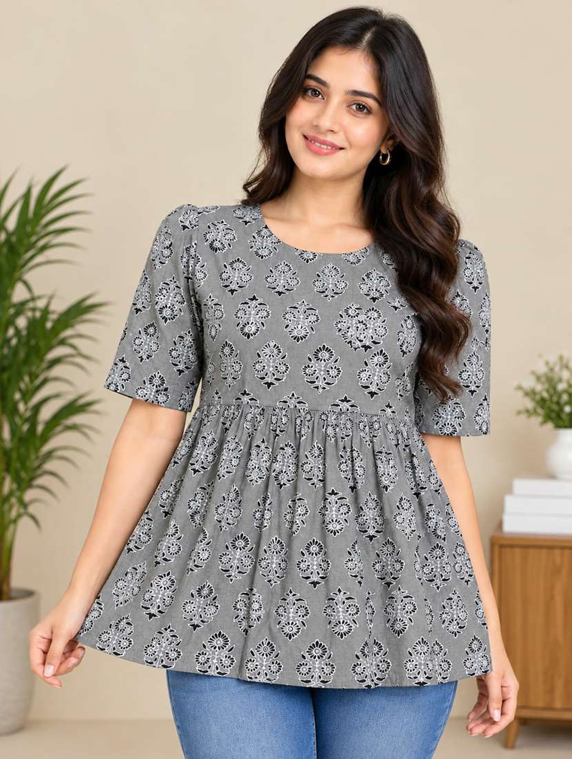 women printed three quarter sleeves flared kurti