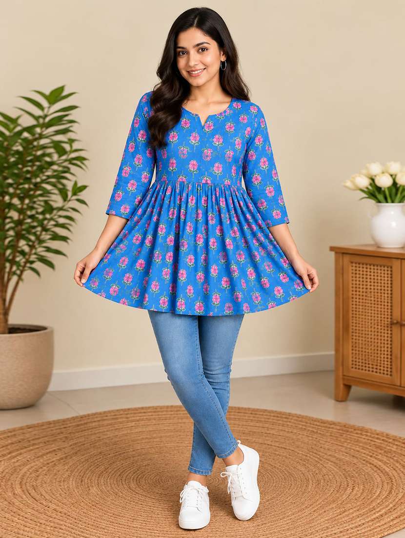 women printed three quarter sleeves flared kurti