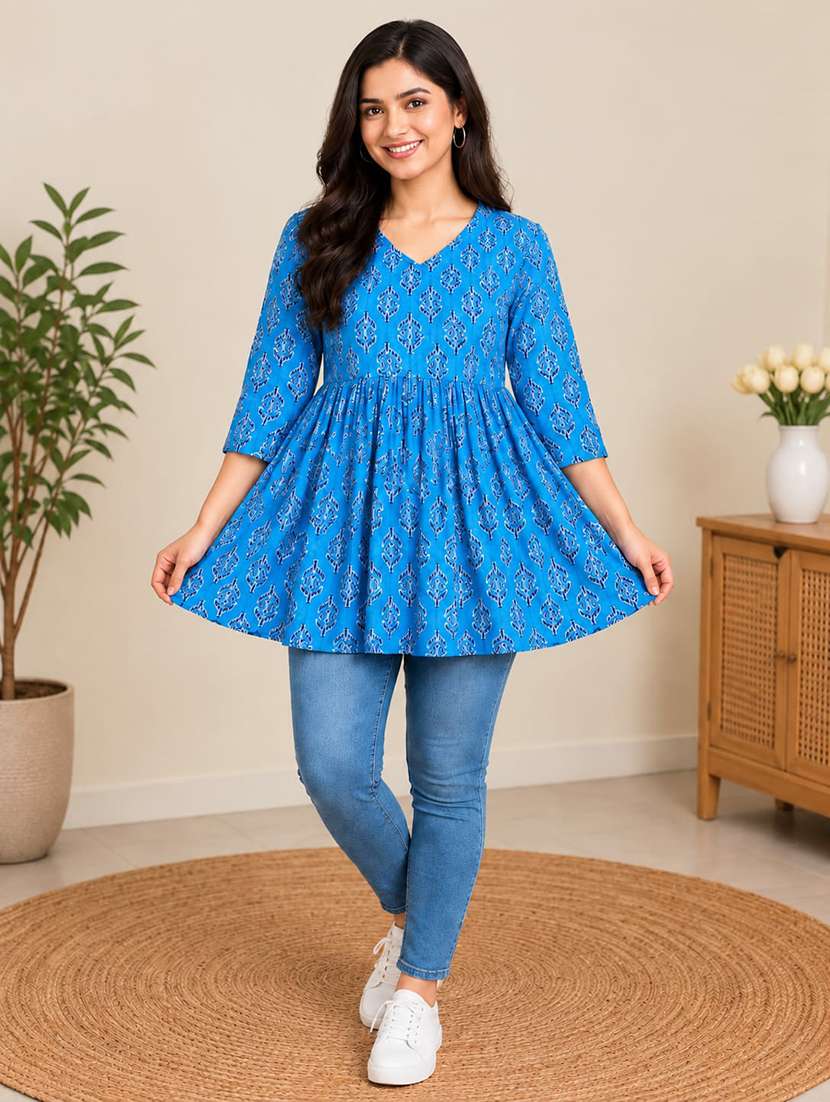 women printed three quarter sleeves flared kurti