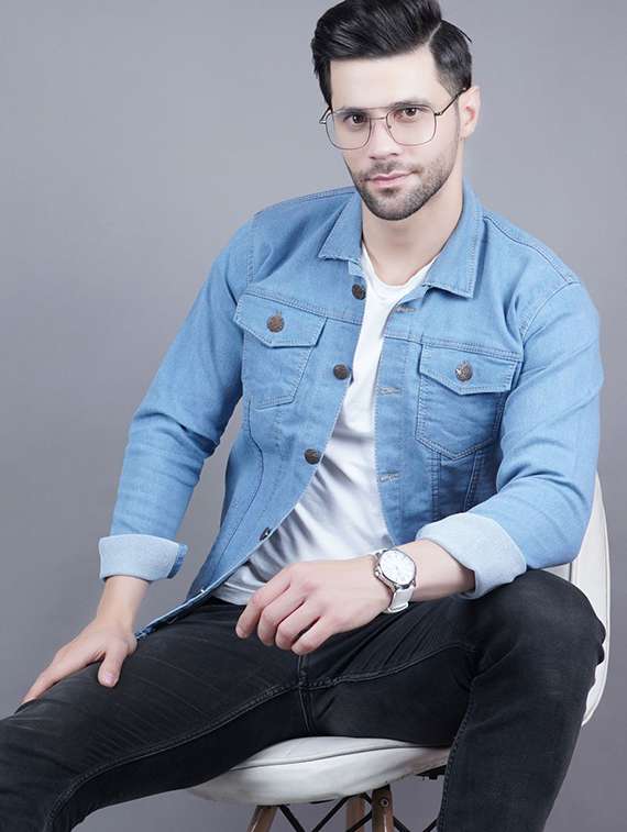 men solid long sleeve denim casual jacket