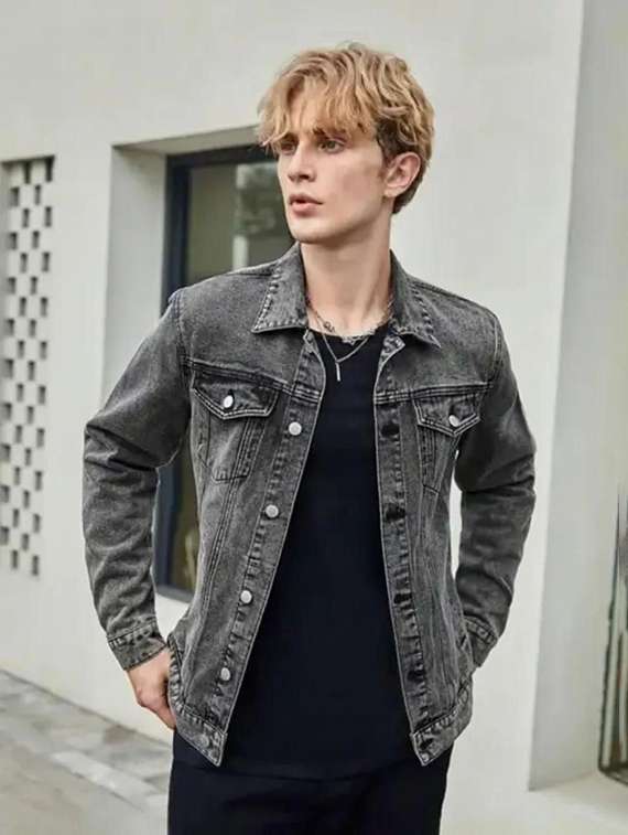 men washed long sleeve denim casual jacket