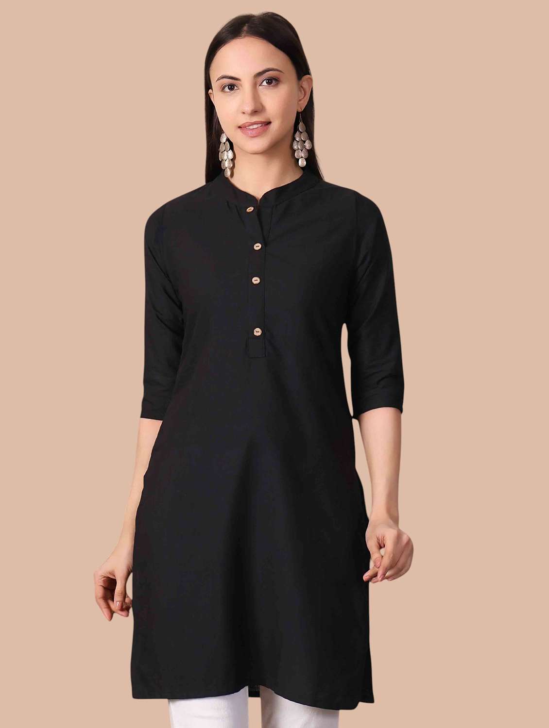 women solid three quarter sleeves straight kurti