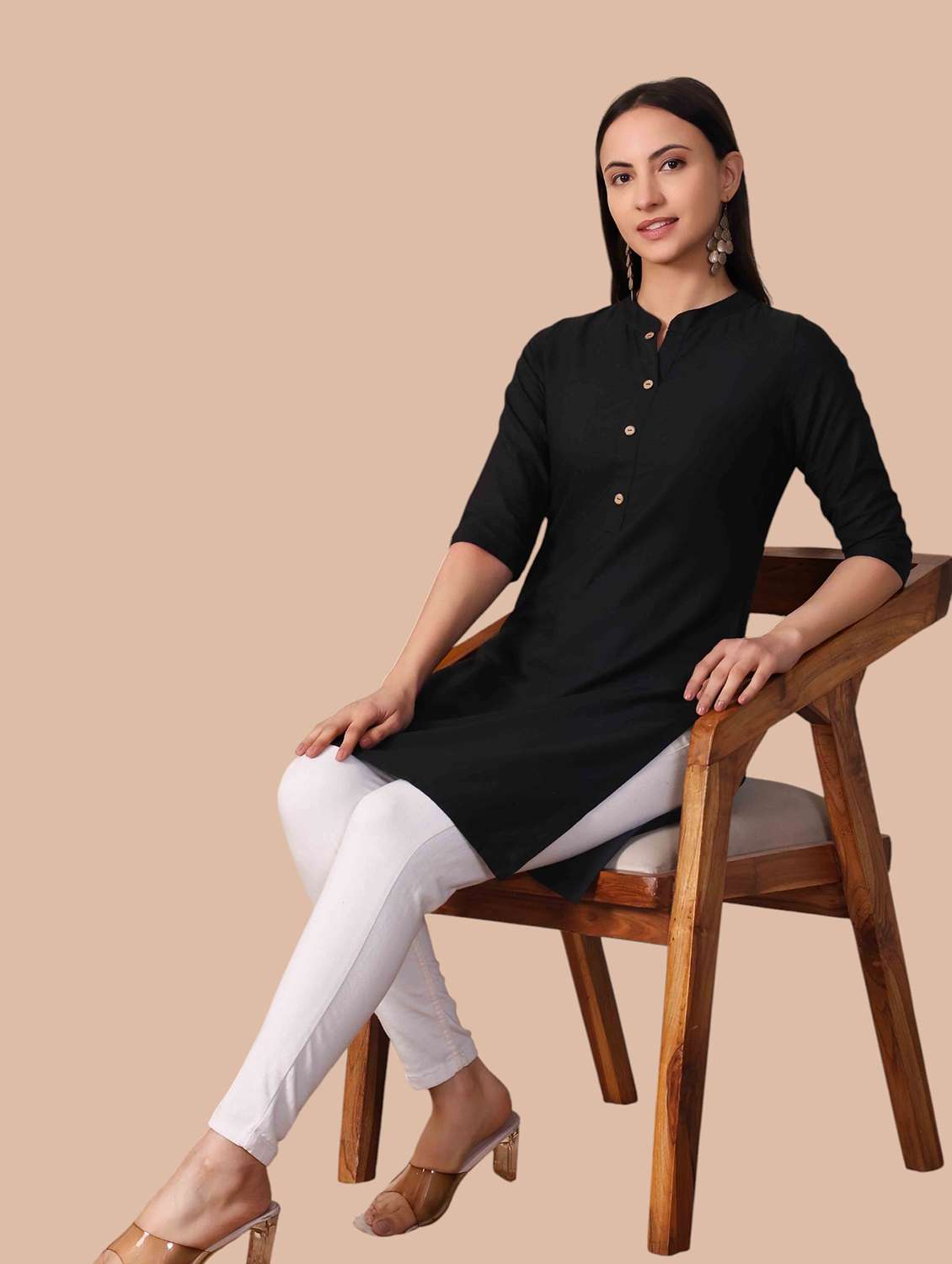 Women Solid Three Quarter Sleeves Straight Kurti - 22704484 -  Standard Image - 5