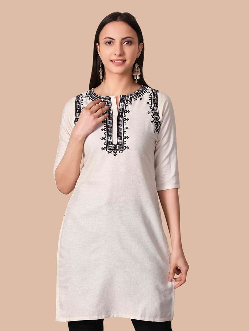 women embroidered three quarter sleeves straight kurti