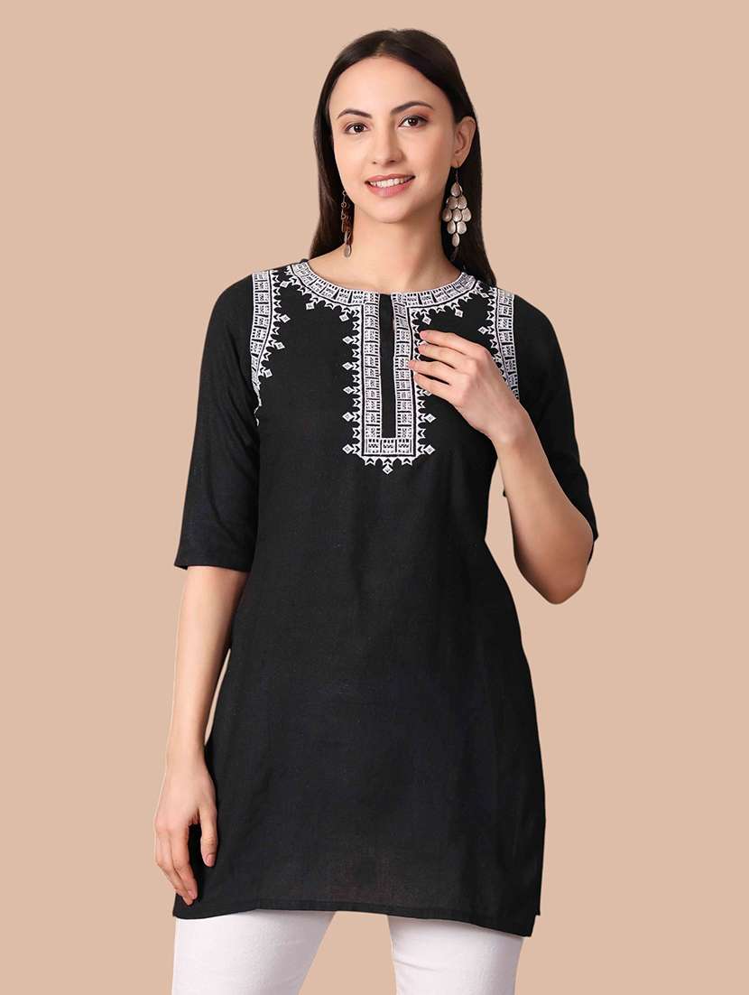 women embroidered three quarter sleeves straight kurti