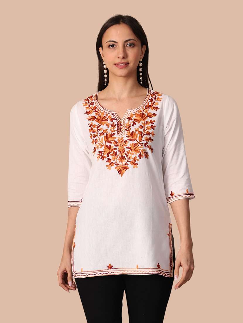 women embroidered three quarter sleeves straight kurti
