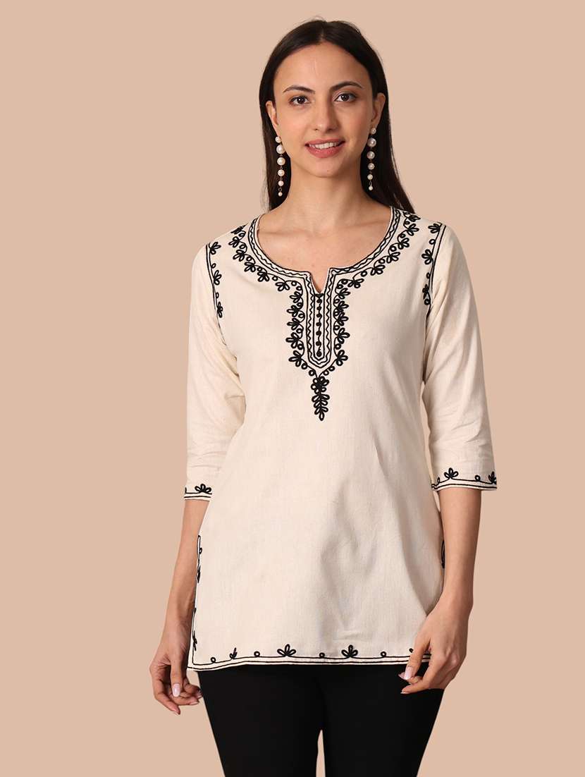 women embroidered three quarter sleeves straight kurti