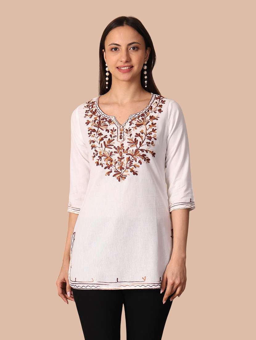 women embroidered three quarter sleeves straight kurti