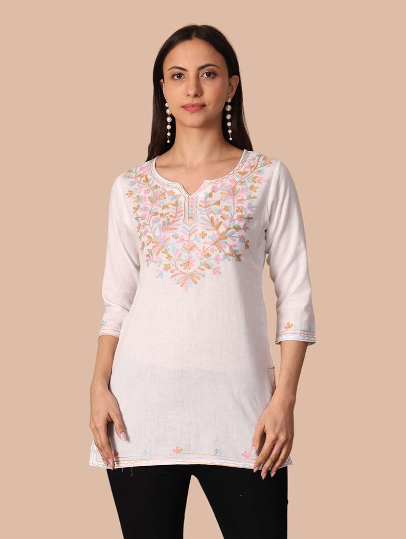 women embroidered three quarter sleeves straight kurti