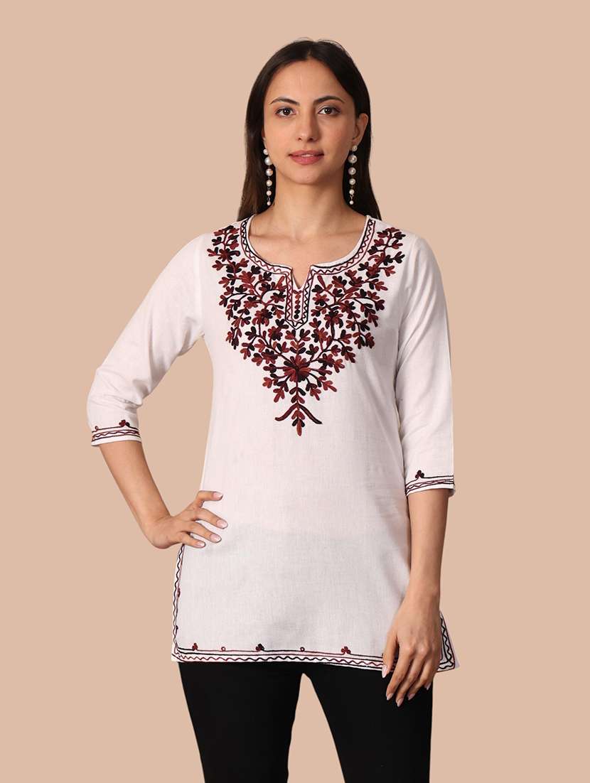 women embroidered three quarter sleeves straight kurti