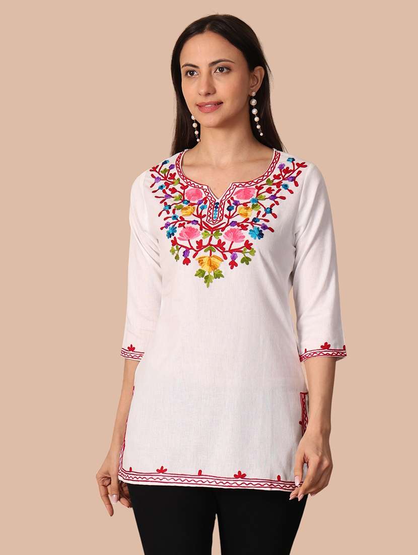 women embroidered three quarter sleeves straight kurti