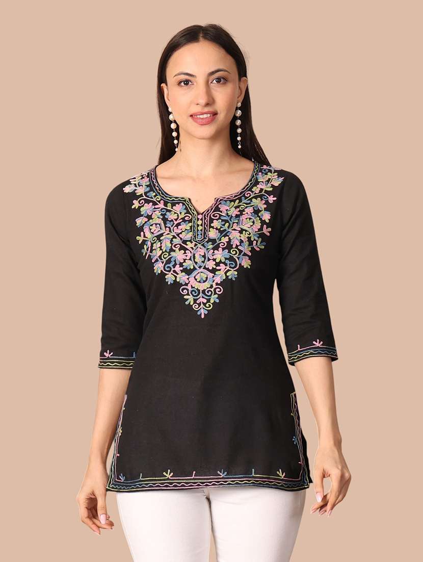 women embroidered three quarter sleeves straight kurti
