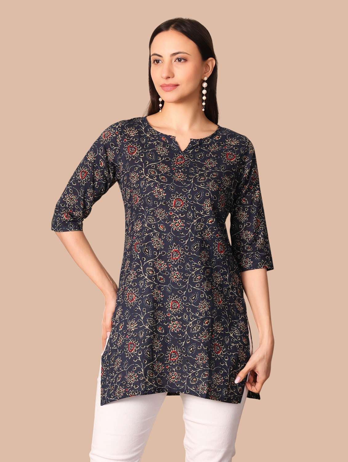 women printed three quarter sleeves straight kurti