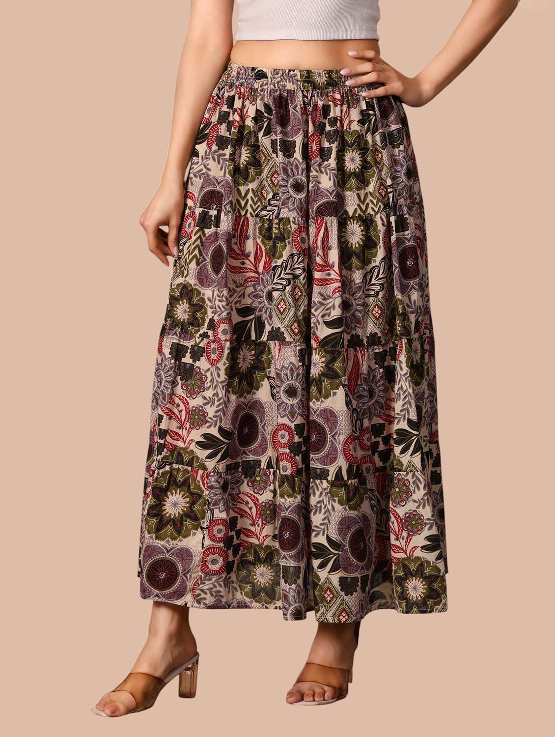 women printed mid rise flared skirt