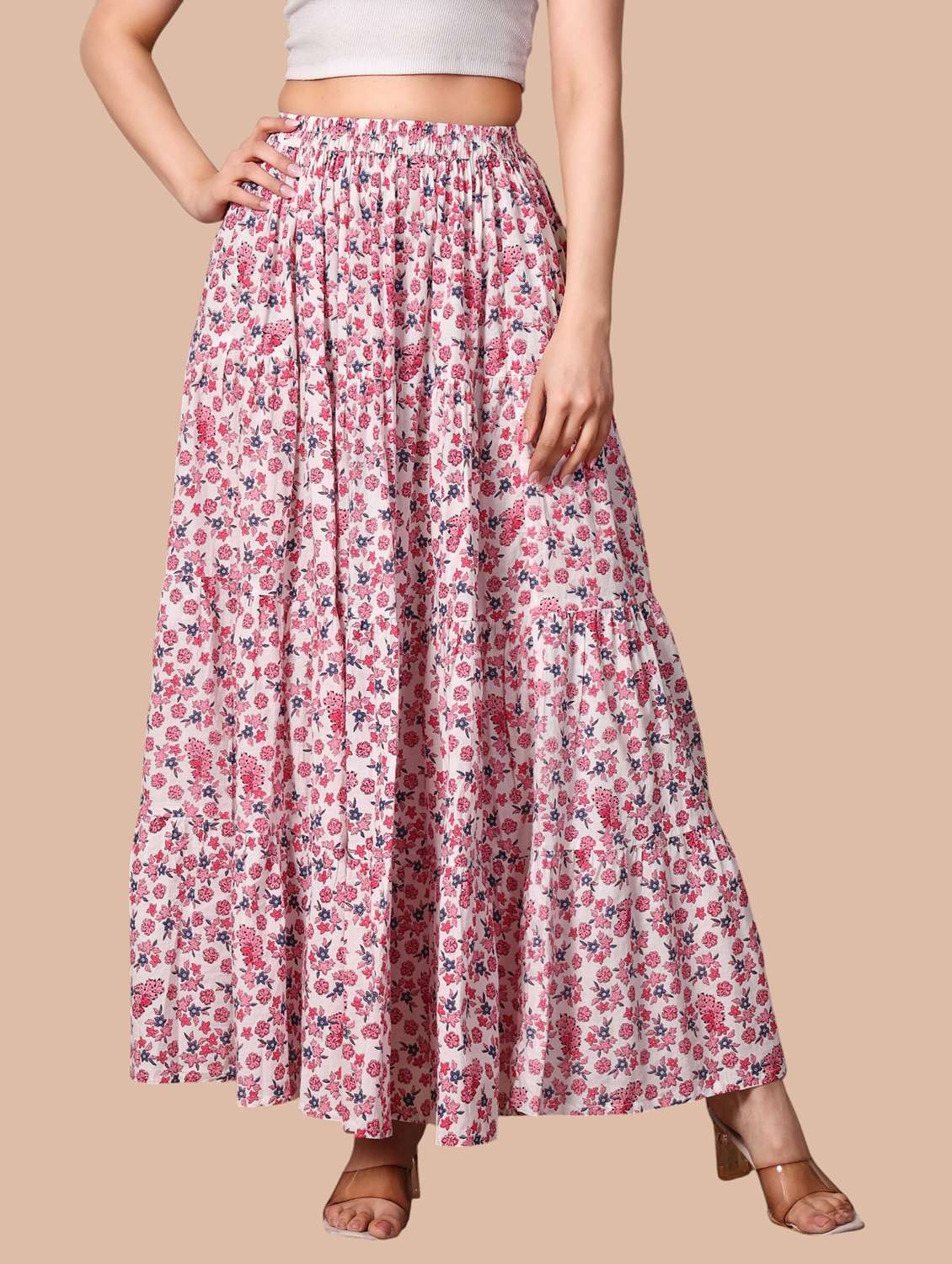 women printed mid rise flared skirt