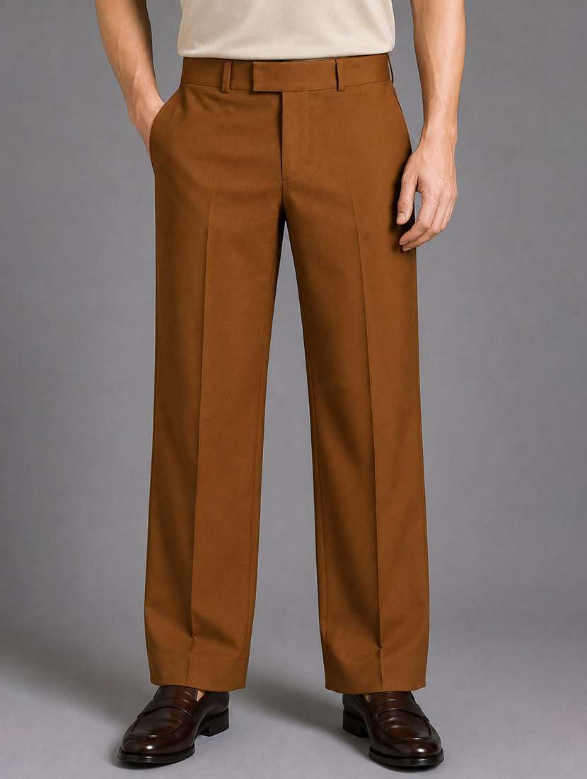 men solid mid rise straight formal trouser