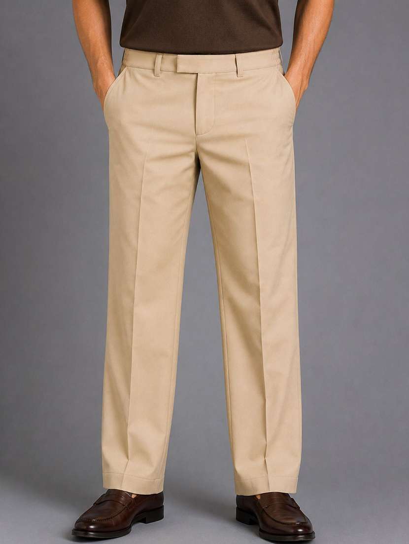 men solid mid rise straight fit trouser