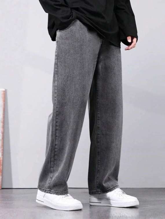men washed mid rise full length baggy jeans
