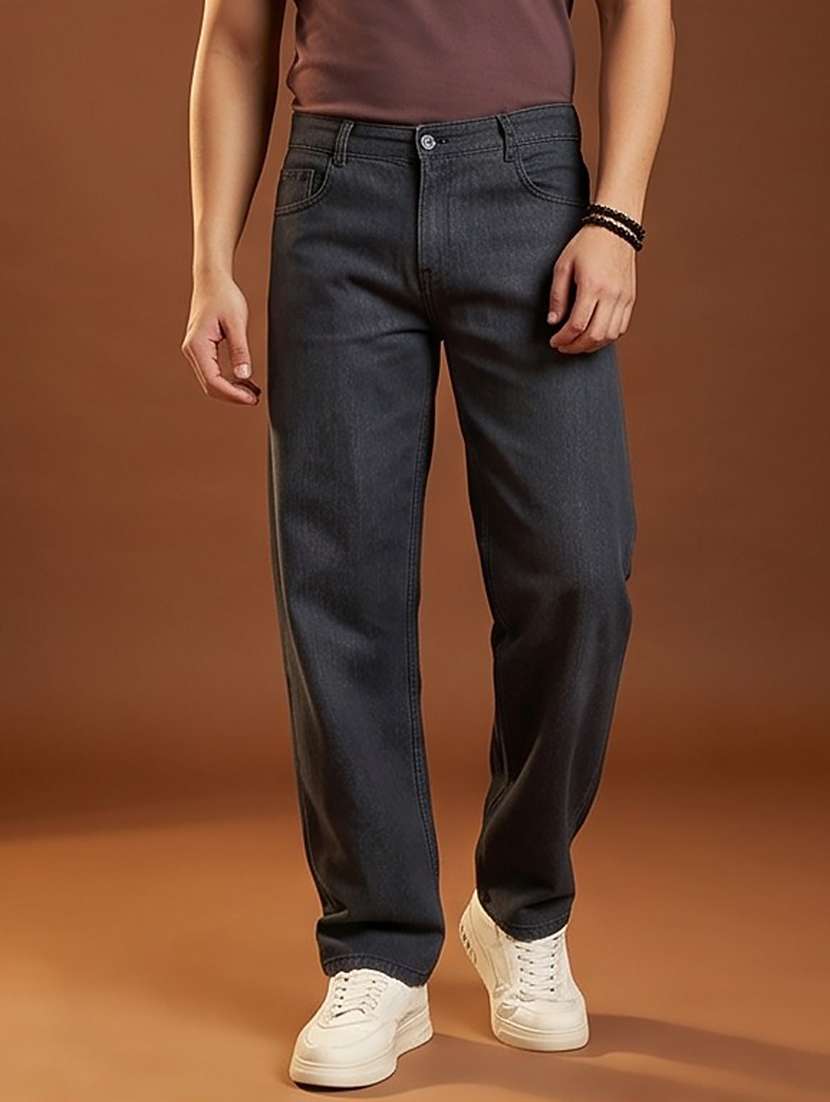 men washed mid rise full length straight jeans