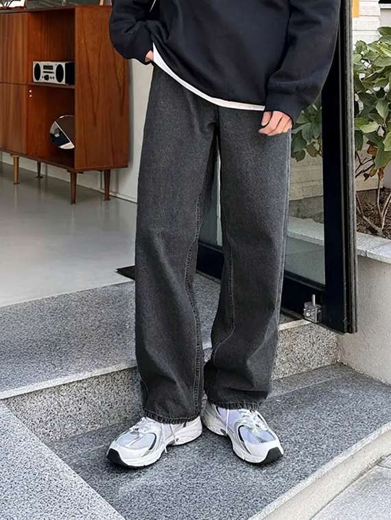 men washed mid rise full length baggy jeans
