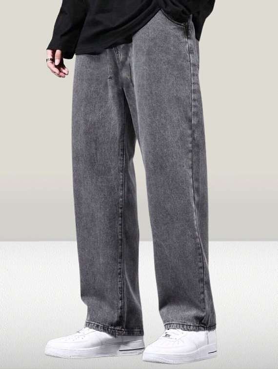 men washed mid rise full length baggy jeans