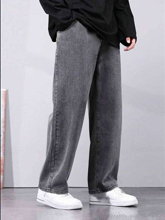 men washed mid rise full length baggy jeans