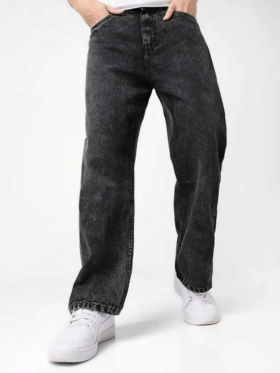 men washed mid rise full length baggy jeans