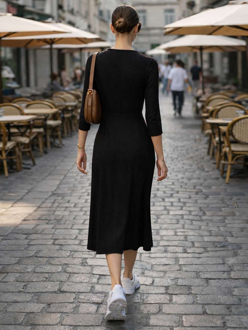 Women Self Design Three Quarter Sleeves A-line Dress - 22704932 -  Standard Image - 3