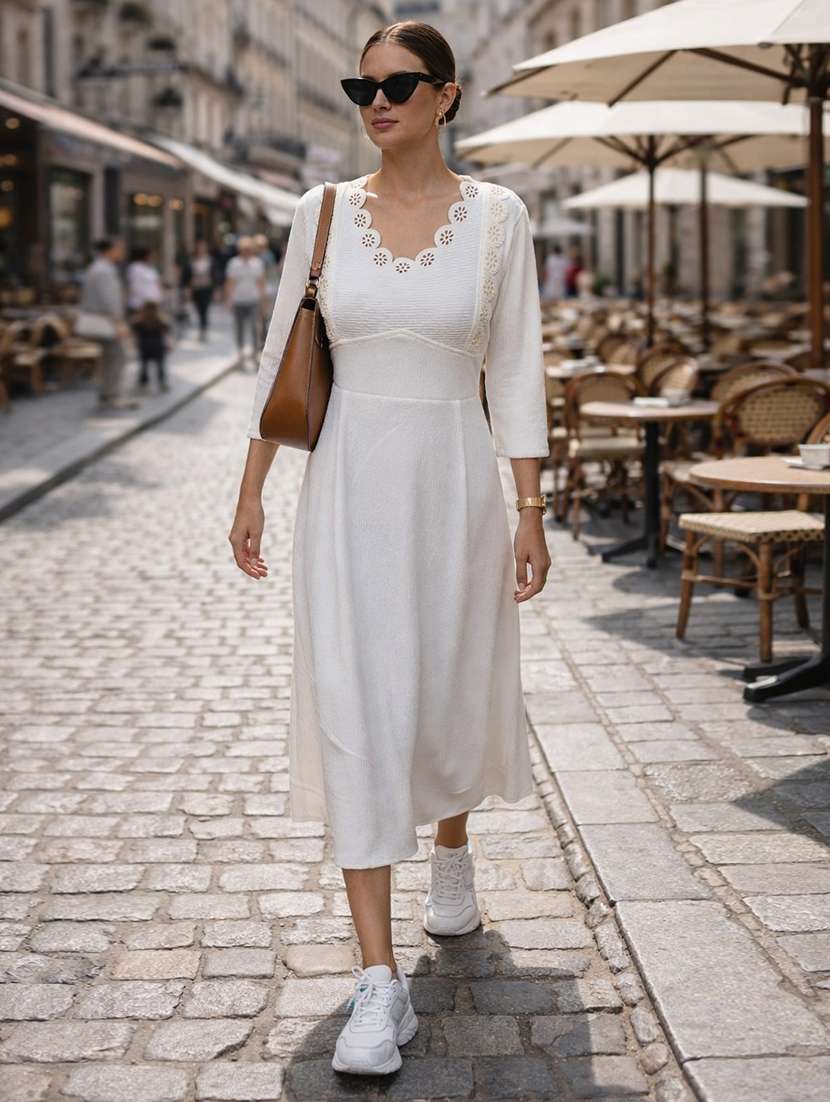 women self design three quarter sleeves a-line dress