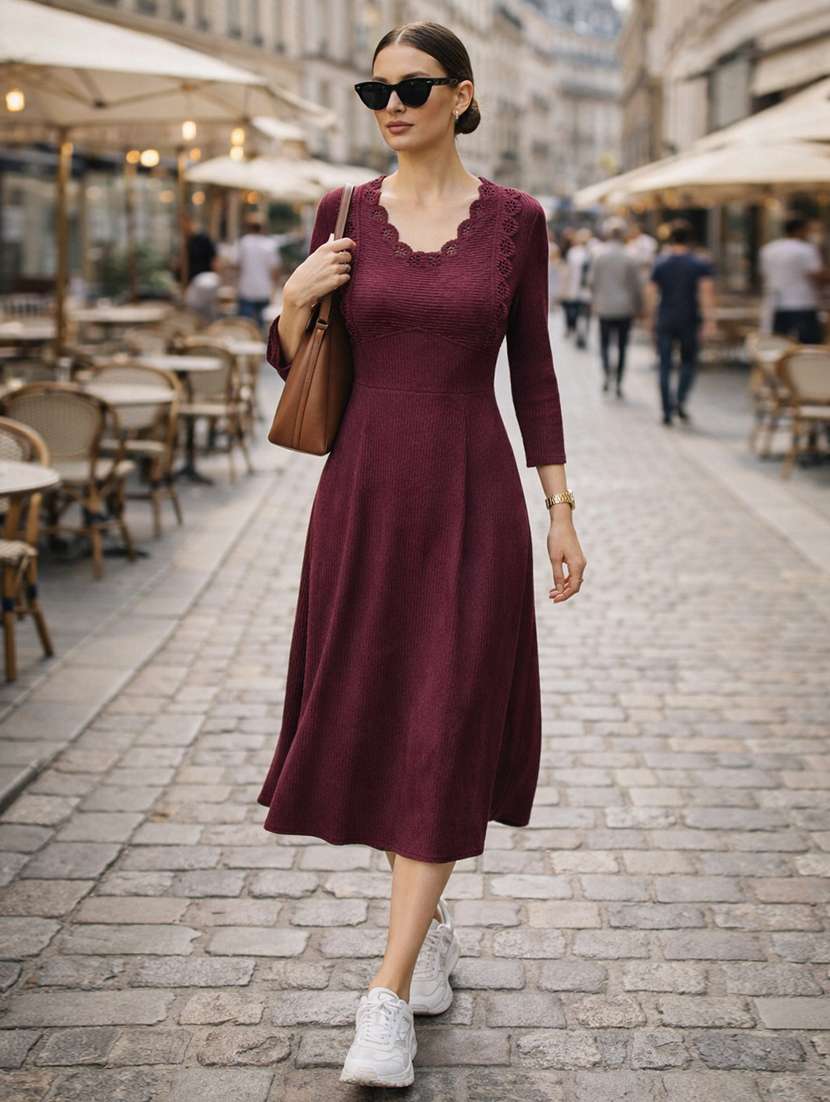 women self design three quarter sleeves a-line dress