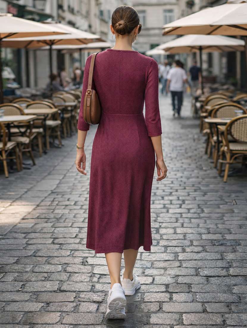 Women Self Design Three Quarter Sleeves A-line Dress - 22704934 -  Standard Image - 3