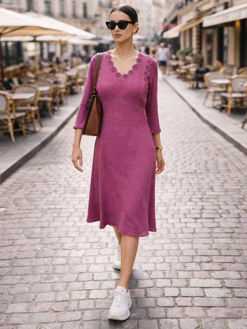women self design three quarter sleeves a-line dress