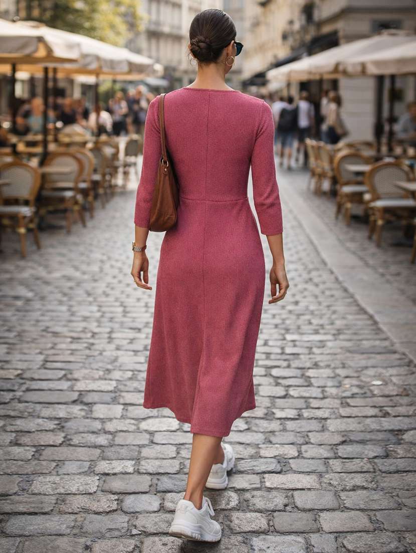 Women Self Design Three Quarter Sleeves A-line Dress - 22704935 -  Standard Image - 3