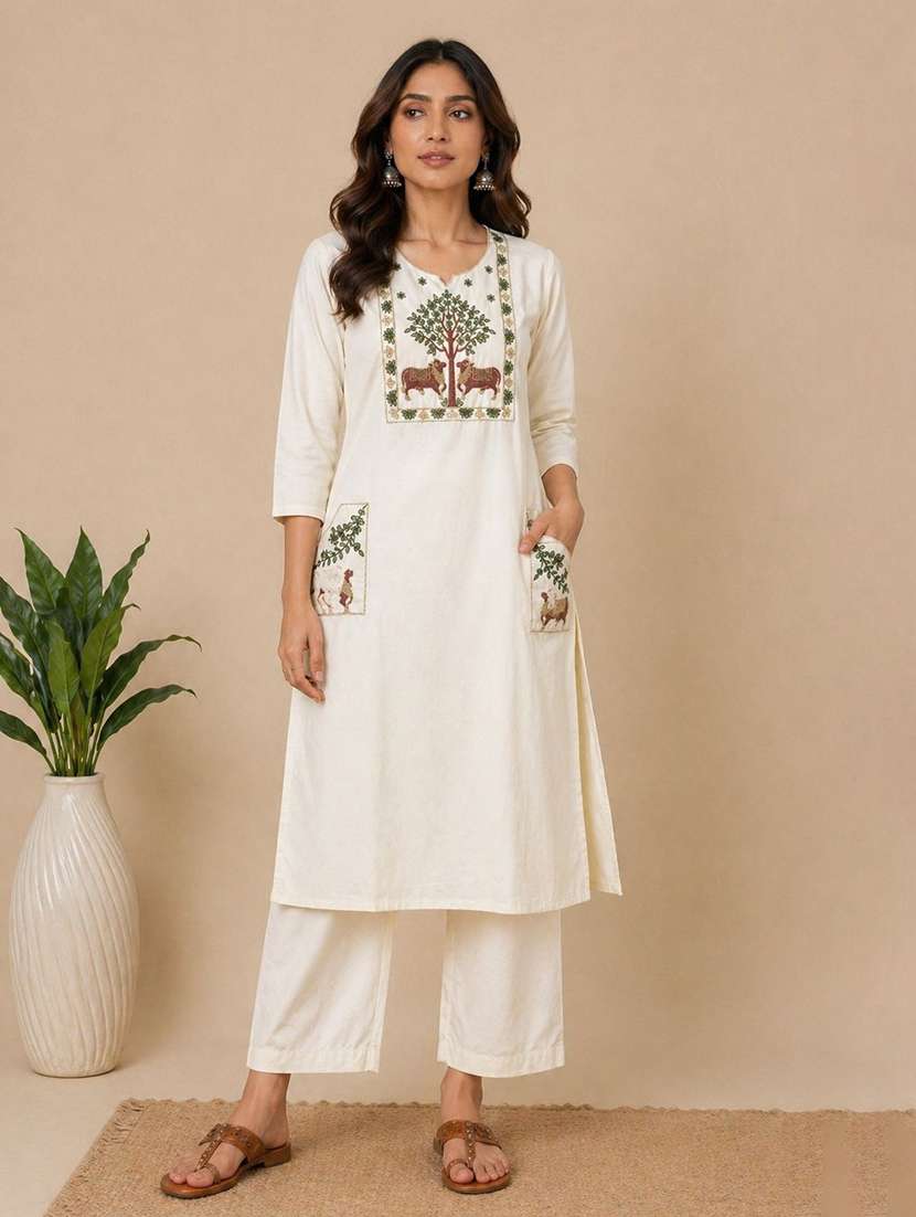 women embroidered three quarter sleeves kurta pant set