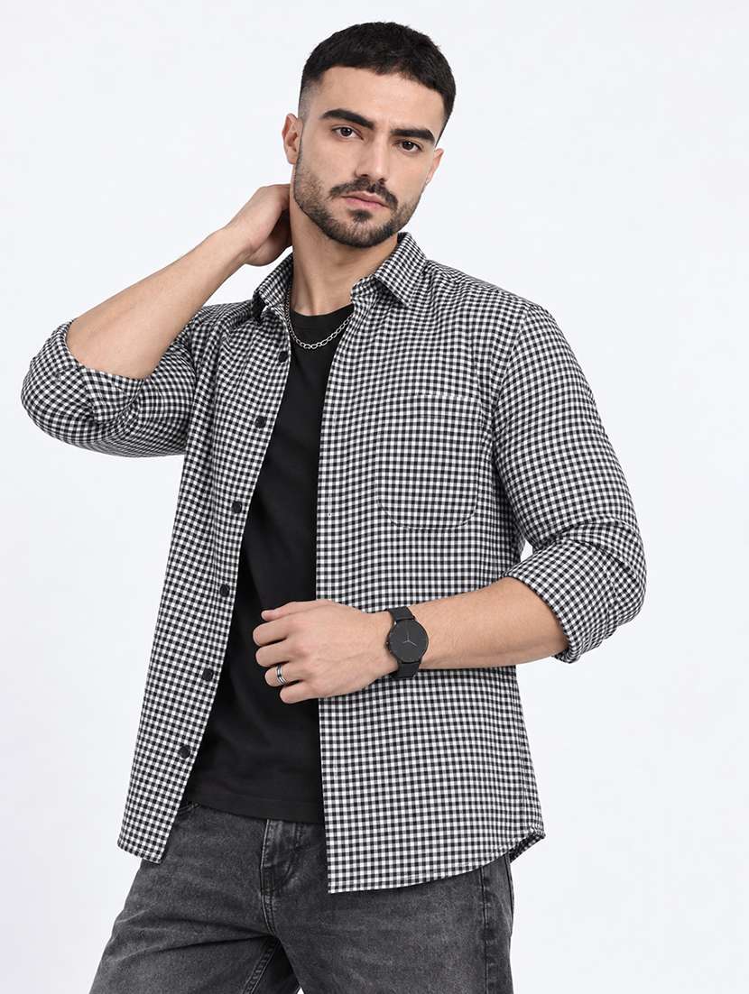 men checkered long sleeve slim fit casual shirt