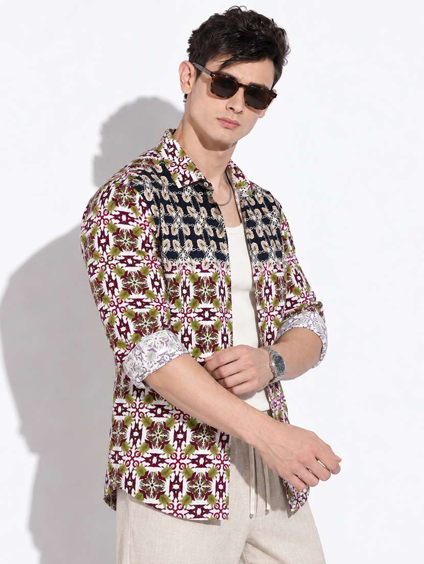 men printed long sleeve slim fit casual shirt