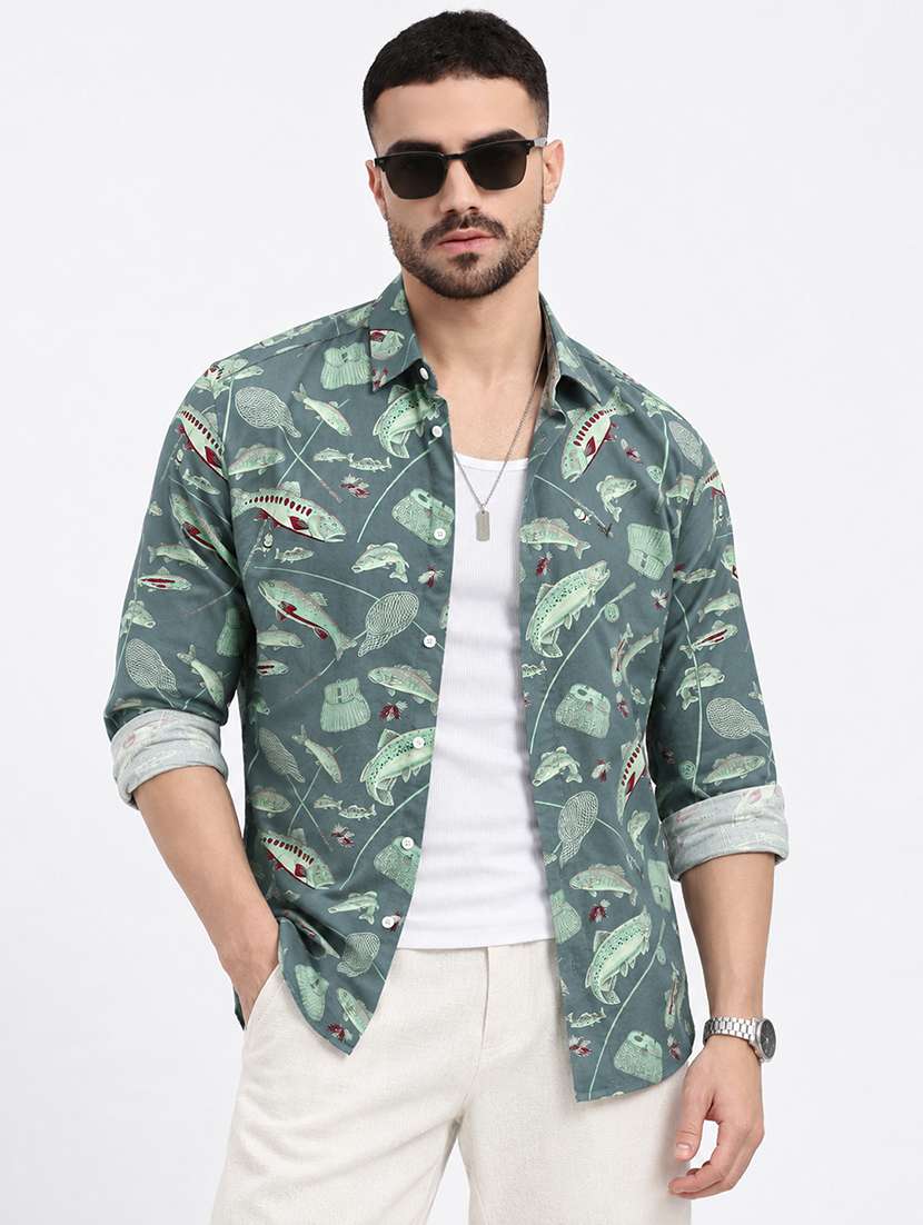 men printed long sleeve slim fit casual shirt
