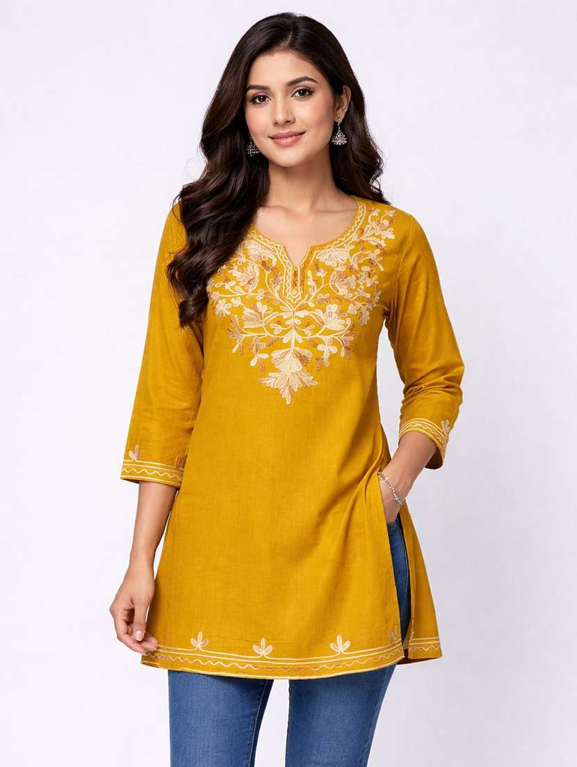 women embroidered three quarter sleeves straight kurta