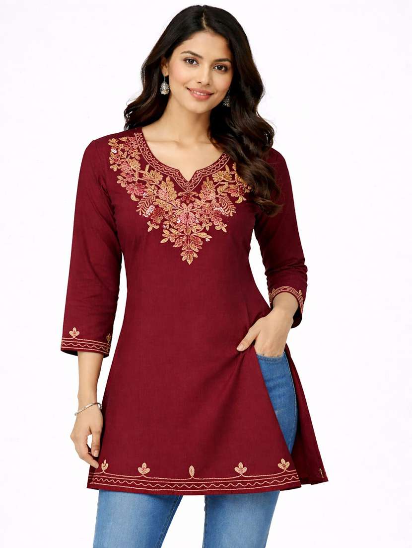 women embroidered three quarter sleeves straight kurti
